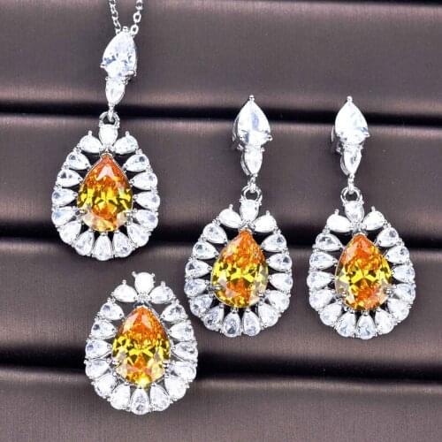 Fashion Water Drop Shape Jewelry With Dazzling Yellow Crystal Zircon Luxury Eternity Wedding Ring/Necklace/Earrings For Women