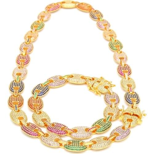 Hip-hop Mens Rainbow Necklace Gold/Silver Color Plated Micro Pave Multi CZ Stones 13mm Oval Link Chain Necklaces For Gift
