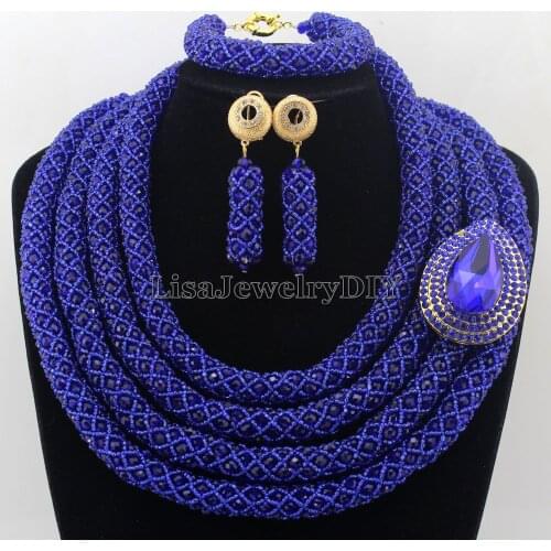 Nigerian Statement Necklace Wedding African Beads Jewelry Set Royal blue Crystal Jewelry Set HD7336
