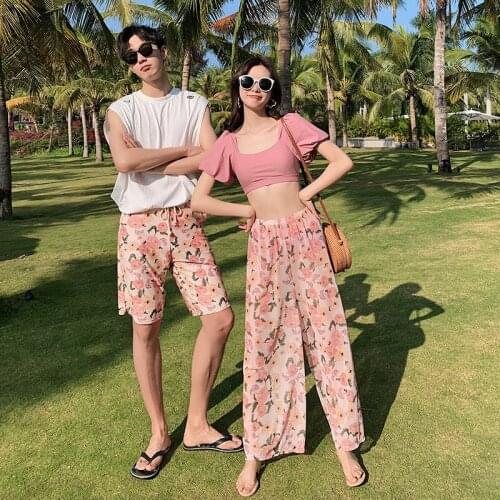 2021 Summer New Beach Wear Couple Swimsuit Vacation Women Fashionable Floral Wide Leg Pants 3 Piece Bikini Set Men Swim Trunks