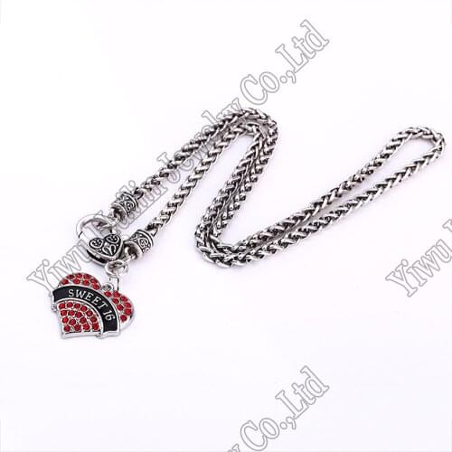 New Arrival Best-Selling rhodium plated zinc studded with sparkling crystals SWEET 16 heart pendant wheat chain necklace