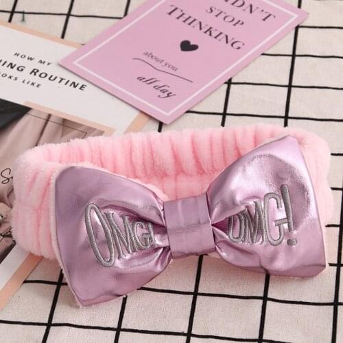 Pu Leather Bow OMG Headbands Coral Fleece Letter Embroideried Turbans for Women Girls Stretch Makeup Hairbands Hair Accessories