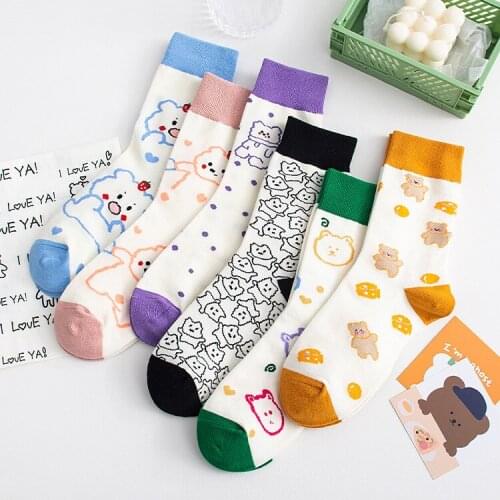 New Cartoon Women Socks Cotton Breathable White Cute Bear Lovely Animal Pattern Girl Sock Female Sox Harajuku Steetwear Soks