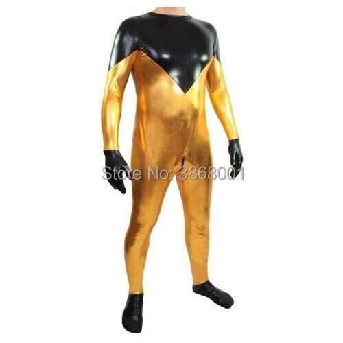 New style Gold&Black color mens Sexy shiny Metallic Zentai Catsuit Fashion Fun jumpsuit