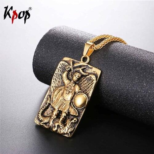 Kpop Saint Michael the Archangl Pendant Necklace Gold/Steel/Black Color Wholesale Trendy Stainless Steel Jewelry Necklaces P2571