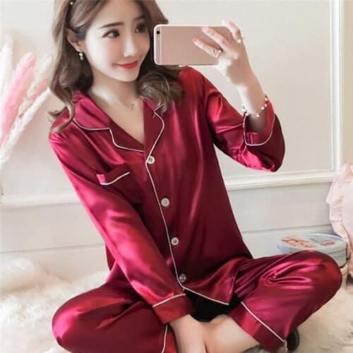Womens Pajamas Solid Color Cardigan Long-sleeved Quality Simulation Silk Pajamas Set Home Service Suit Ladies Casual Loose