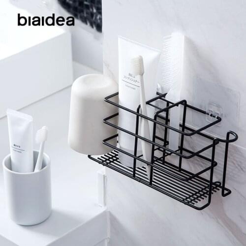 Punch Free Toothbrush Holder Mouthwash Cup Rack Toothpaste Stand Razor Shelves Organizer Iron Bathroom Accessories Metal Storage