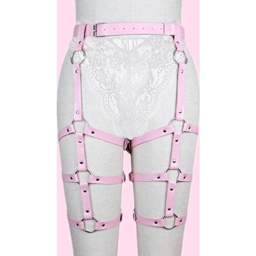 Pink Leather Garter Harness Women Pastel Goth Thigh Bondage Straps Waist Belt Punk Lingerie Size Adjustable Gothic Accessories