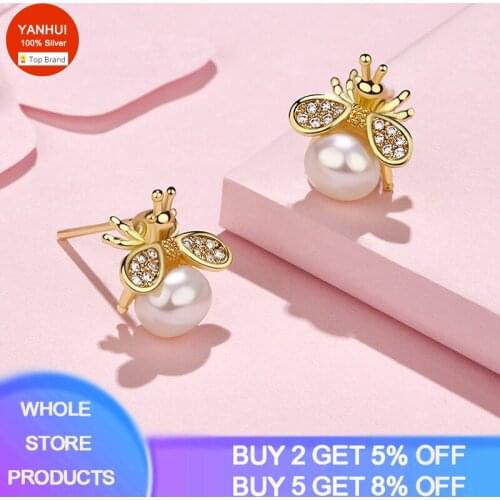 YANHUI 18K Gold Bee and Pearl Honey Earrings Real 925 Sterling Silver Stud Earrings for Women Handmade Fine Jewelry