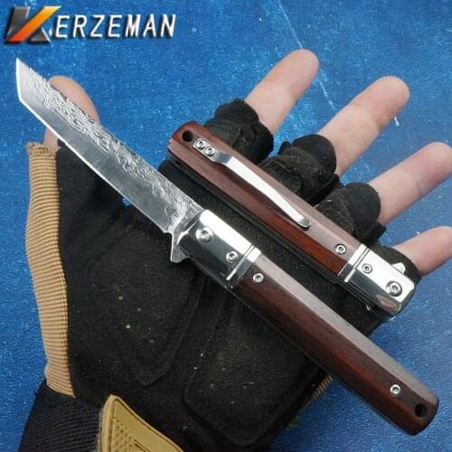 Kerzeman Damascus VG10 Blade Folding Knife Tactical Camping Survival VG10 Outdoor EDC Tools Pocket Knives Steel+Wood Handle