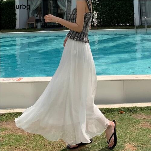 Womens Elegant Solid Color Long Skirt Korean Female High Waist Imitation Silk Pleated A-Line Skirts Faldas 2021 Summer Sk771