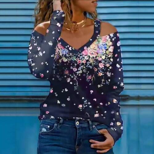 40# Vintage Off Shoulder Floral Blouse Shirt Women V Neck Long Sleeve Blouses And Shirts Cold Shoulder Casual Top Femme Рубашка