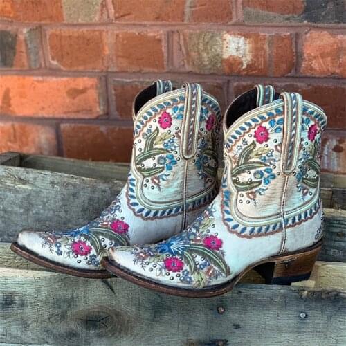 Women Embroidery Mid Calf Boots Big Size 43 Ladies Slip On Suqare Mid Heels Female Ethnic Shoes Womens Casual Footwear