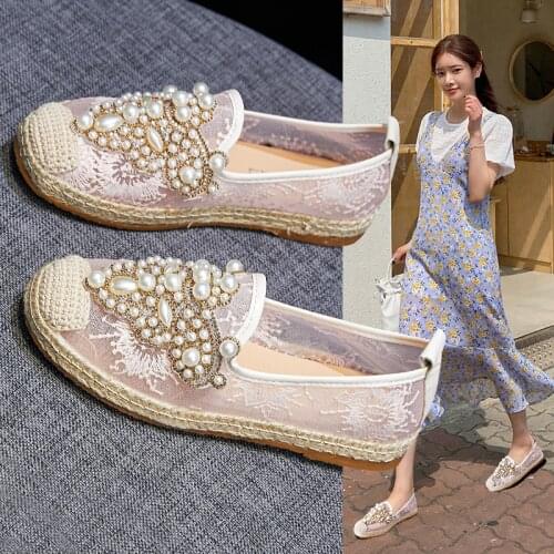 Pearl Decoration Womens Shoes Breathable Flock Loafers Shiny Rhinestone Espadrille Ladies Driving Moccasin
