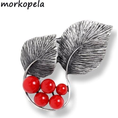 Morkopela Red Stone Vintage Flower Leaves Brooch Bouquet Clothes Pin Antique Metal Brooches And Pins For Women