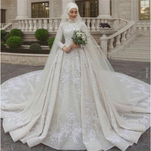 Modest Muslim Wedding Dresses High Neck Lace Sequins Beads A Line Country Wedding Dress With Veil Custom Made Vestidos De Novia
