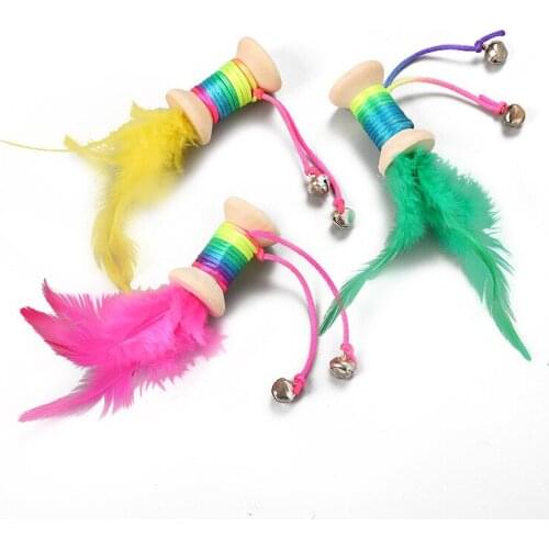 1Pc Colorful Straps Feather Bell Pet Cat Wooden Rolling Toy With Interactive Teaser Kitten Toy interactive cat toy durable