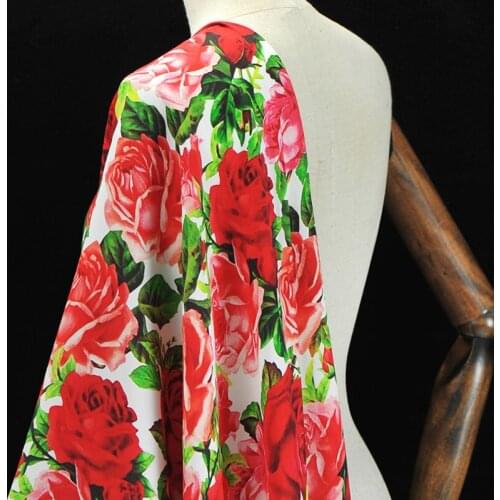 112CM Wide 19MM Red Rose Floral Print Stretch Silk Fabric Good for Spring Summer Dress Skirt Shirt Pants J181