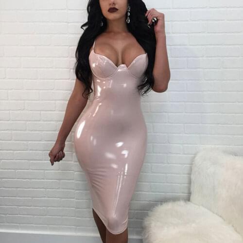 2021 new summer plus size dress M-4XL ladies sexy suspender zipper dress PU latex gloss sexy tight-fitting mid-length dress