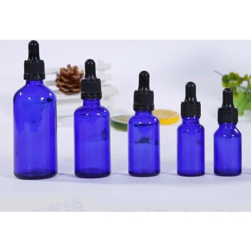 50pcs 5-100ml blue glass dropper essential oil bottle cosmetic glass pipette bottle container with plastic black anti-theft lid