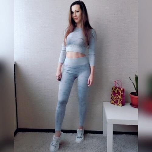 Seamless Camouflage Two Piece Set Womens Long Sleeve Top Push Up Fitness Suits Female Skinny High Waist Leggings Set Tracksuit