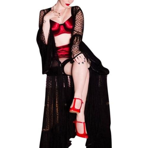 Women Home Mesh Nightwear Dress Long Sleeve See-Through Mesh Polka Dot Summer Sexy Sleeping Dress