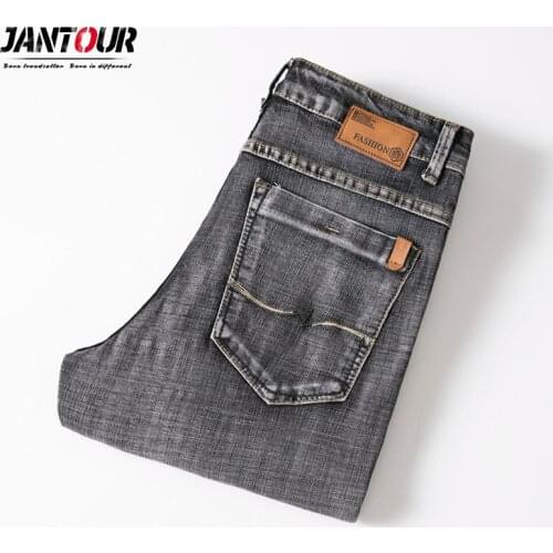 Jantour Men Streetwear Vintage gray Slim fit Jeans Trousers Male Simple Style Cotton High quality Casual Straight Denim pants