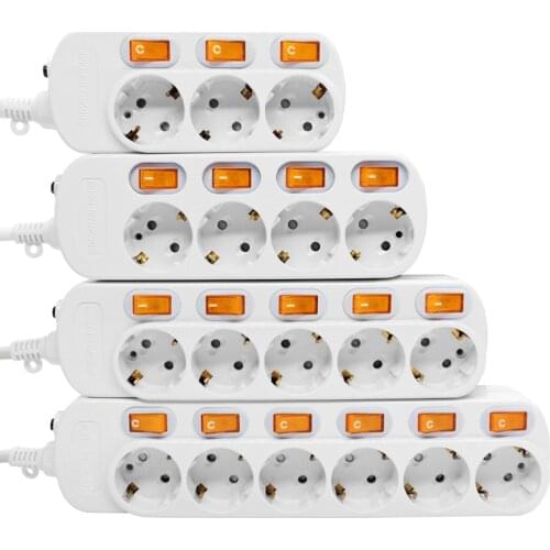 European Power Strip 3/4/5/6 Socket Independent Switch Surge Protection 1.5/2.5Meters Wire