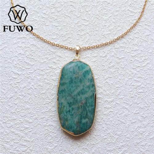 FUWO Wholesale Natural Amazonite Stone Necklace With 24K Gold Filled Brass Chain Fashion Raw Green Quartz Stone Jewelry NC060