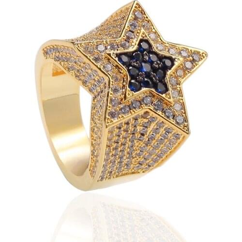 Hip Hop AAA Cubic Zirconia Iced Out Star Ring Bling Bling Pentagram CZ Rings Men Women Fashion Jewelry Gold Color Drop Shipping