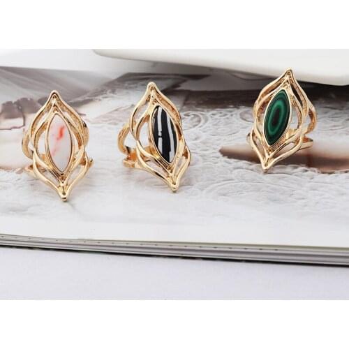 White Black Lines Malachite Stone Rings Gold Color Fiower Ring For women Hand Jewelry