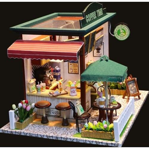 Miniature Diy Dollhouse Furnitures Wood Coffee Time Shop House Toys For Children Girls Birthday Christmas Gift Adult