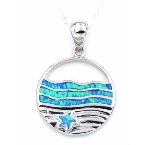 Ocean Blue Opal Pendant Featuring Wave and Starfish on the Beach
