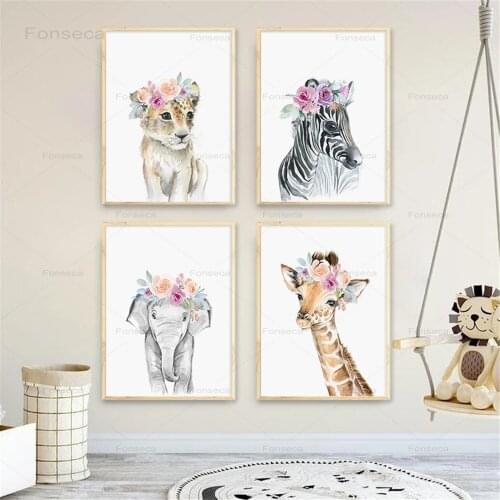 Flower Animal Canvas Poster Lion Zebra Elephant Giraffe Nursery Wall Art Print Painting Wall Pictures Kids Baby Bedroom Decor