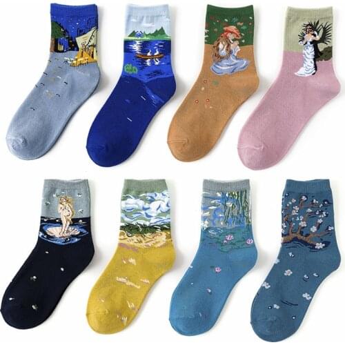 Oil Painting Socks Van Gogh Landscape Venus Womens Cotton Tube Socks European and American Art Harajuku Womans Girls Socks