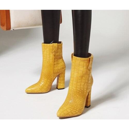 2020 New Winter Autumn Yellow Brown Snakeskin Woman Boots Block High Heels Shoes Fashion Women Ankle Boots Booties Botas MAZIAO