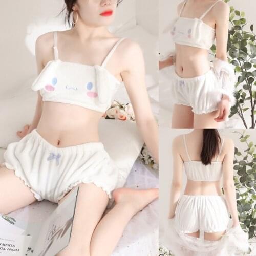 2021 New Women Kawaii Anime Plush Pajamas Set Sweet Bunny Ears Velvet Tube Top Bra Bloomers Shorts Sleepwear Cosplay Lingerie