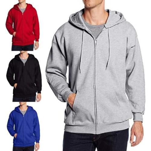 Hooded Long Sleeve Men Jacket Drawstring Zipper Closure Solid Color Casual Sweatshirt Male Clothing