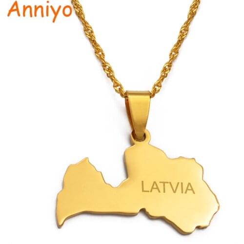 Anniyo Latvia of Map Pendant Necklace for Women Gold Color Latvijas Republika Maps Stainless Steel Jewelry Gifts #033721