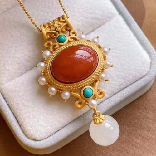 Natural Khotan jade 925 silver inlaid pearl turquoise pendant necklace niche light luxury charm female brand jewelry set