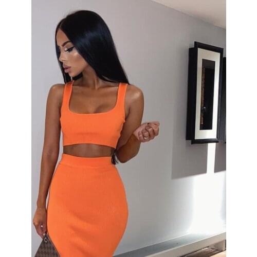 European and American Sexy Sports Casual Womens Wear Orange Blue Round Collar Sleeveless Vest Mini Skirt Two Suit