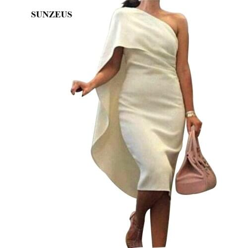 Sheath One Shoulder Bridesmaid Dress With Cape Back Simple Tea Length Wedding Party Gowns BDS009
