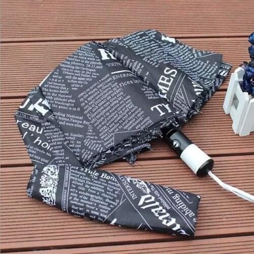 Fully Automatic Upscale Three-Folding Retro Style Printing Umbrella Black and White Newspaper Printing Sunscreen Folding Umbrell