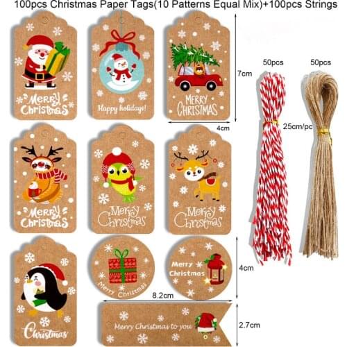 100 PCS/Set Christmas Tag Kraft Paper Decoration Tag Christmas Tree Santa Claus Party Card Tag with Cotton Hemp Rope