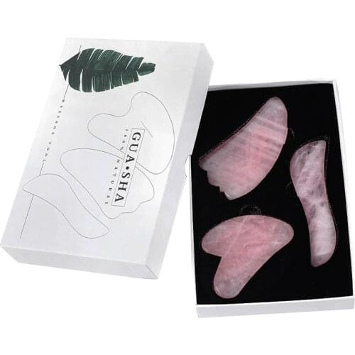 Rose Quartz Gouache Scraper Massage Roller Face Massager Natural Crystal Gua Sha Massage Tools Body Facial Jade Massager Set