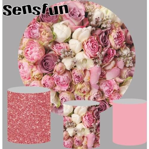 Sensfun Circle Round Pink Floral Backdrop For Photography Flowers Glitter Girls Birthday Wedding Party Background Photo Studio