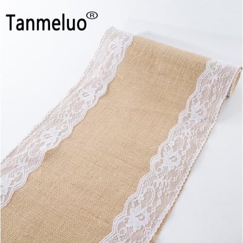 1PCS Natural burlap jute linen table runners cloth wedding party decor home textile lace burlap table runner wedding roll