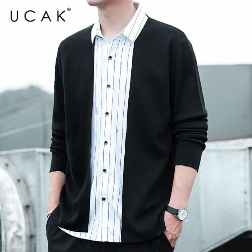 UCAK Brand Mens Turn-down Collar Wool Fake Two Sweaters Clothing NEW Autumn Classic Streetwear Pullover Homme Clothes U1003