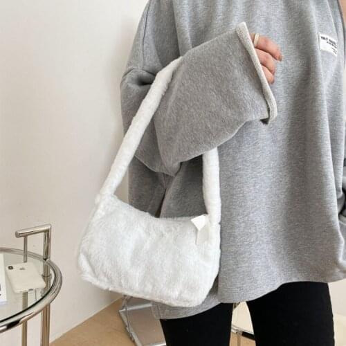 Vintage Shoulder Underarm Bag Female Plush Autumn Handbag Soft Warm Fur Tote Purse for Solid Color Casual Zipper Fuzzy Lady Bag