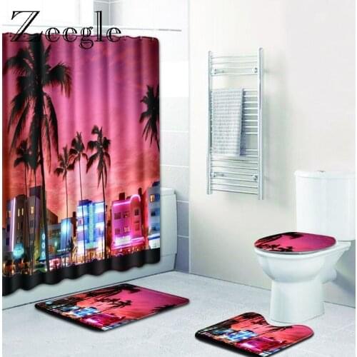 Zeegle 3D Waterproof Shower Curtain Bathroom Shower Mat Bath Mat Set Pedestal Rug Lid Toilet Cover Anti-slip Toilet Foot Rug
